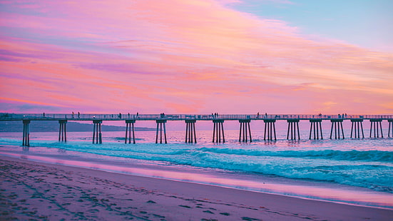hermosa beach pier, hermosa beach, pier, beach, california, united states, wave, pink sky, ocean, water, HD wallpaper HD wallpaper