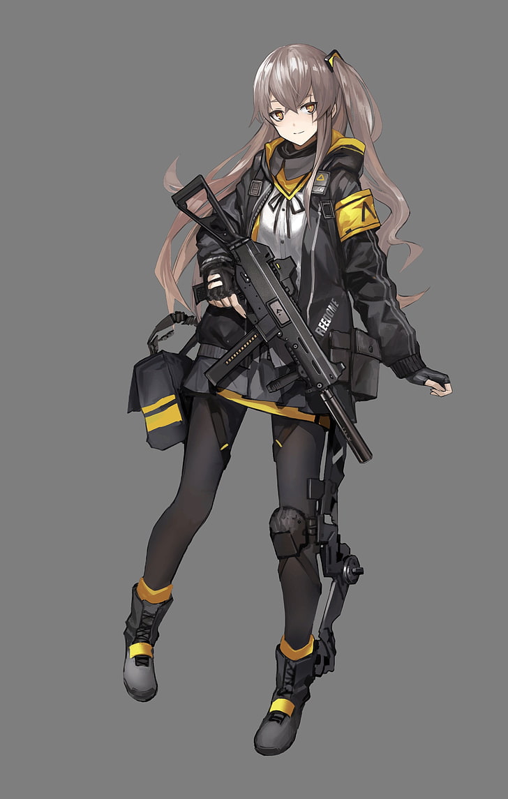 Illustration einer braunhaarigen Frau, Anime, Anime Girls, Girls Frontline, Pistole, Waffe, langes Haar, HD-Hintergrundbild, Handy-Hintergrundbild