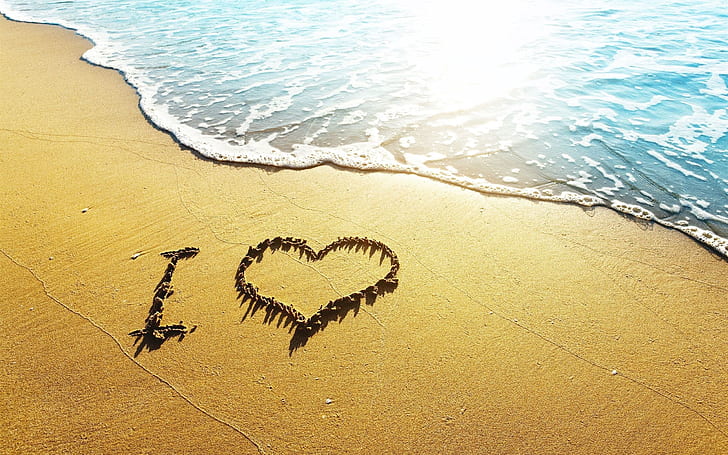 Amour coeur plage, vagues, j'aime, soleil, je figure de coeur faite de pierres, amour, coeur, plage, vagues, je, soleil, Fond d'écran HD