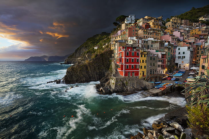 Miasta, Riomaggiore, Cinque Terre, Dom, Włochy, Ocean, Morze, Tapety HD