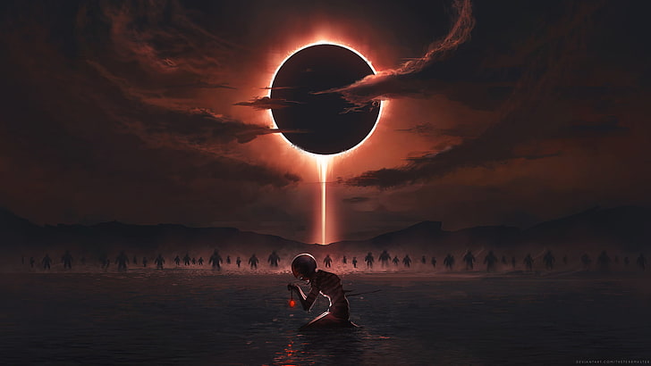 person under the moon illustration, person sitting on ground graphic wallpaper, digital art, eclipse, clouds, Berserk, Behelit, Griffith, HD wallpaper