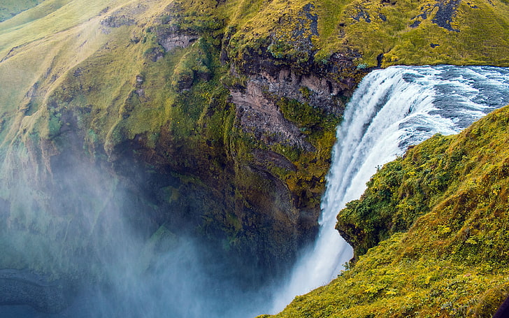 Alpine meadow spectacular cliff waterfall, HD wallpaper