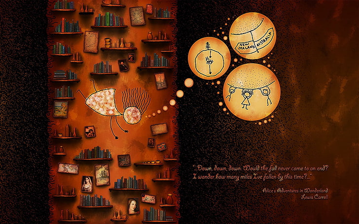 brown wooden shelves, Vladstudio, Alice in Wonderland, Bookshelves, Lewis Carroll, HD wallpaper