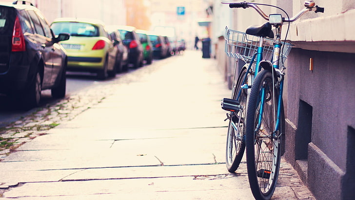 blue city bicycle, street, bicycle, HD wallpaper