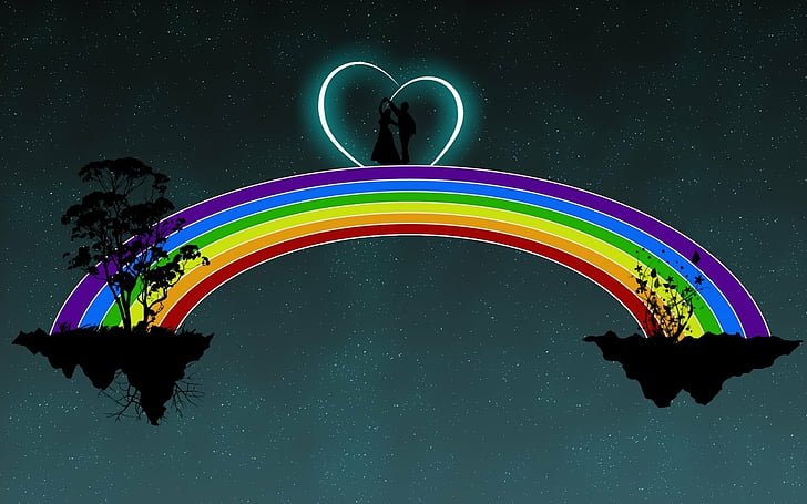 Artistic, Love, Couple, Heart, Night, Rainbow, Starry Sky, HD wallpaper