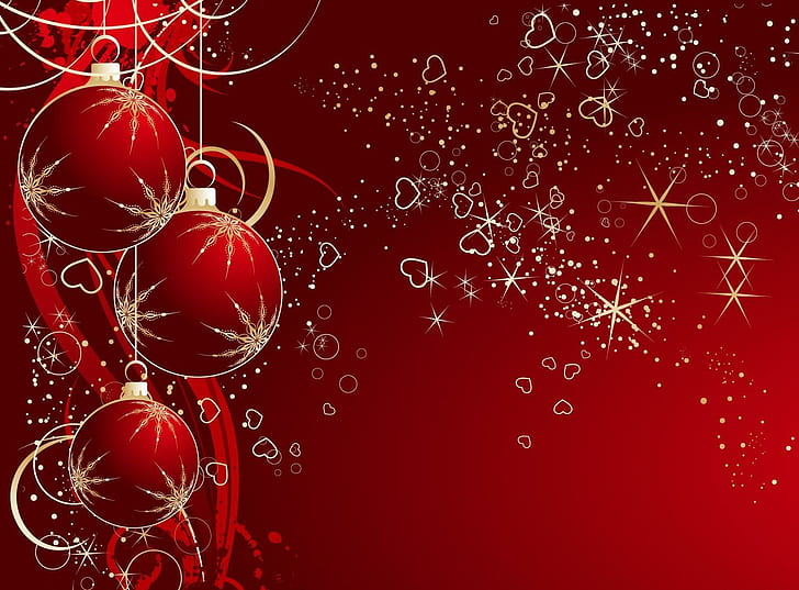 christmas decorations, balloons, hearts, background, stars, red and brown christmas bauble ornaments wallpaper, christmas decorations, balloons, hearts, background, stars, HD wallpaper