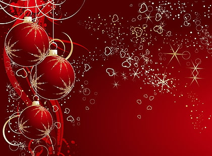 christmas decorations, balloons, hearts, background, stars, red and brown christmas bauble ornaments wallpaper, christmas decorations, balloons, hearts, background, stars, HD wallpaper HD wallpaper