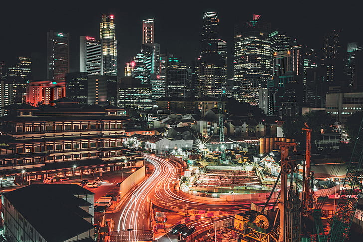 singapore, skyscrapers, metropolis, night, HD wallpaper
