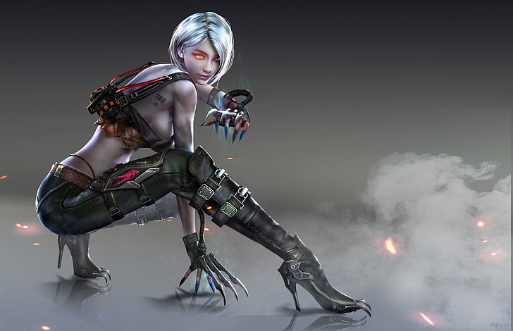 white-haired female anime character, look, girl, pose, smoke, boots, fantasy, art, claws, gloves, HD wallpaper