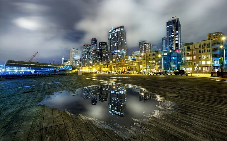 city, cityscape, architecture, modern, building, skyscraper, night, lights, sky, clouds, long exposure, Seattle, USA, water, puddle, cranes (machine), wooden surface, street, reflection, HD wallpaper
