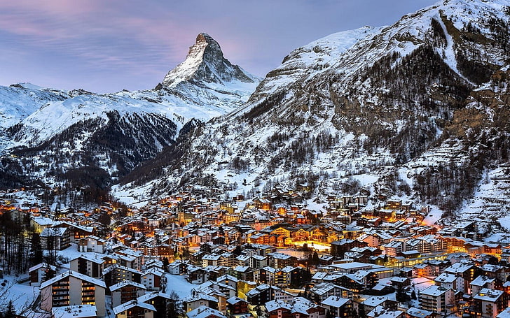 fotografia aérea de vila e montanha durante o dia, Suíça, montanhas, neve, inverno, cidade, Matterhorn, Zermatt, fotografia, paisagem, cidade, luzes, arquitetura, Alpes suíços, HD papel de parede