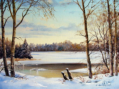 langit, pohon, lanskap, sungai, minyak, gambar, lukisan, kanvas, Alexander Lednev, Sungai musim dingin, Wallpaper HD HD wallpaper