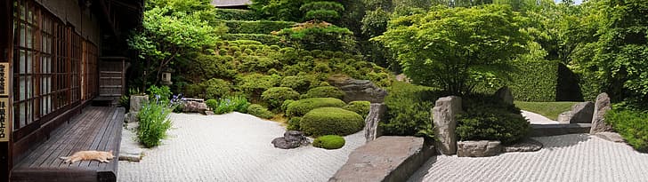 pantalla dual, monitores duales, imagen amplia, ultra ancha, Japón, pacífico, tranquilo, jardín, naturaleza, Fondo de pantalla HD
