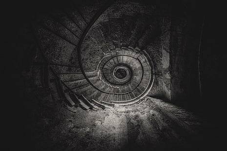 gray abstract painting, photography, monochrome, staircase, stairs, dark, spiral, worm's eye view, HD wallpaper HD wallpaper