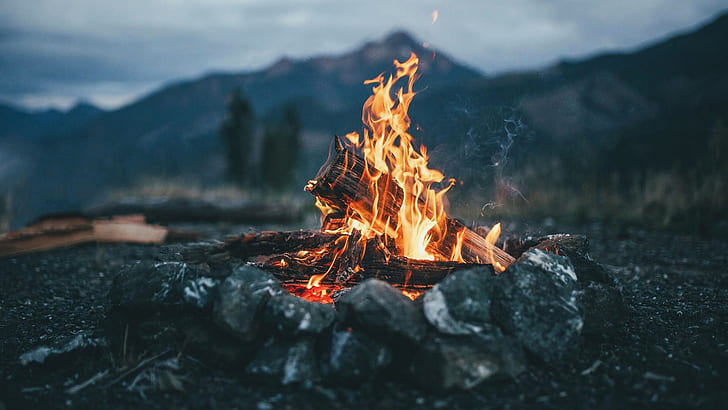 nature, campfire, depth of field, mountains, fire, HD wallpaper