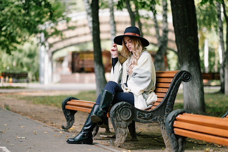 women, model, bench, women outdoors, hat, sitting, millinery, HD wallpaper
