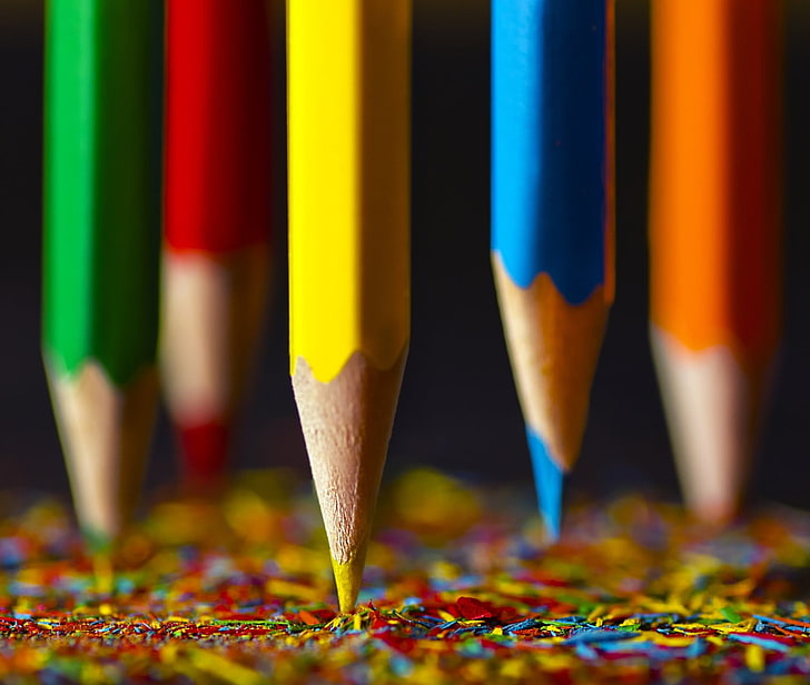 художественные карандаши, карандаши, дерево, желтый, зеленый, синий, оранжевый, красный, HD обои