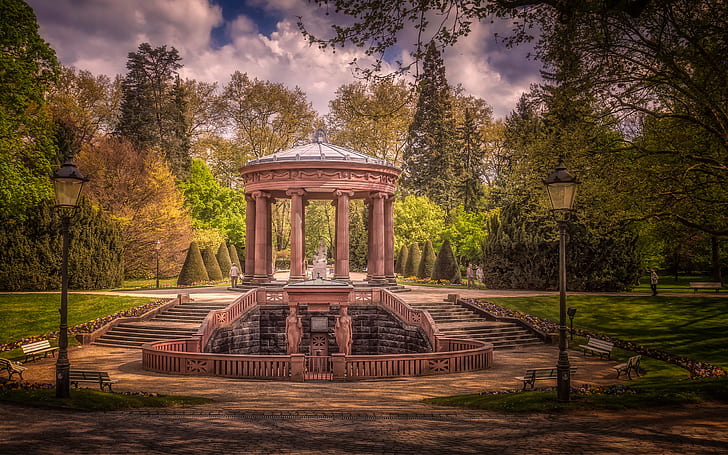 the sky, the sun, clouds, trees, design, Park, lawn, HDR, construction, Germany, lights, ladder, columns, the sidewalk, benches, the bushes, sculpture, Bad Homburg, Kurpark, HD wallpaper