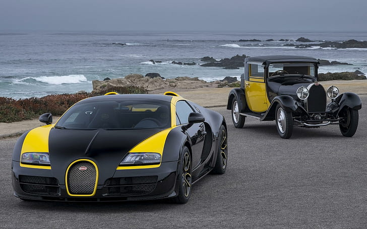 Bugatti Grand Sport Vitesse 1 из 1, черный и желтый bugatti veyron и классический автомобиль, гранд, спорт, bugatti, vitesse, автомобили, HD обои