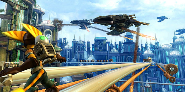 video games screenshots ratchet and clank airships city ratchet and clank future tools of destruction, HD wallpaper HD wallpaper