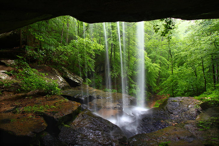 waterfalls, nature, waterfall, cave, HD wallpaper