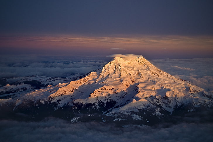 snow mountain, Mount Rainier, mountains, aerial view, dusk, HD wallpaper