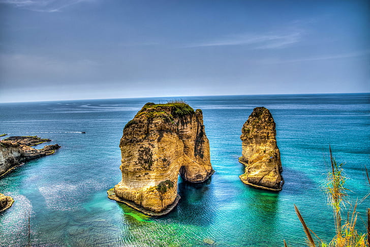 two yellow-and-black rock formation at blue sea under blue sky during daytime, beirut, lebanon, beirut, lebanon, Pigeons, Raouché, Beirut, Lebanon, yellow, black rock, rock formation, blue sea, blue sky, daytime, raouche, HDR, sky  rock, nikon, sea  beach, coast, sea, coastline, nature, beach, cliff, rock - Object, scenics, landscape, blue, summer, HD wallpaper