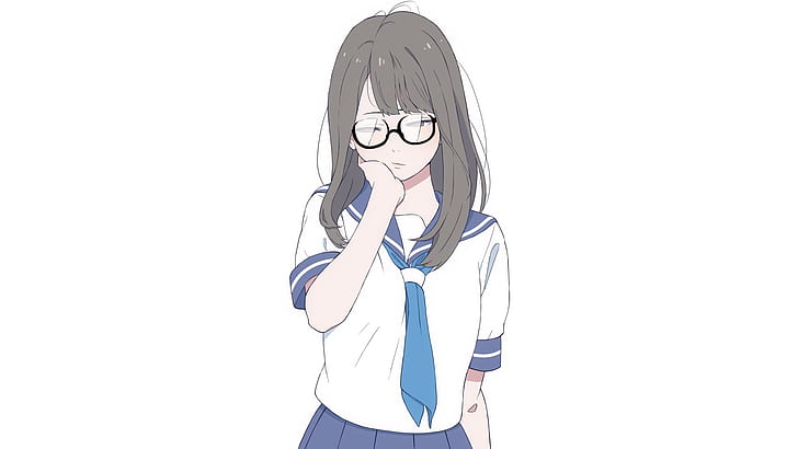 anime, manga, filles anime, minimalisme, fond simple, fond blanc, écolière, uniforme de marin, lunettes, meganekko, Fond d'écran HD