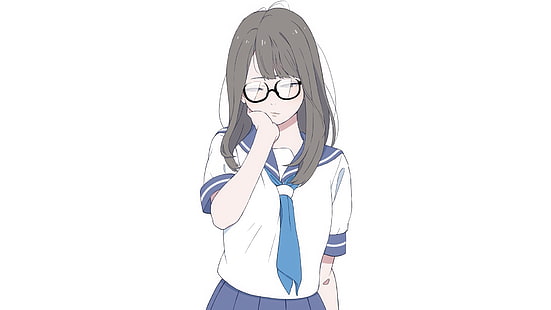 anime, manga, filles anime, minimalisme, fond simple, fond blanc, écolière, uniforme de marin, lunettes, meganekko, Fond d'écran HD HD wallpaper