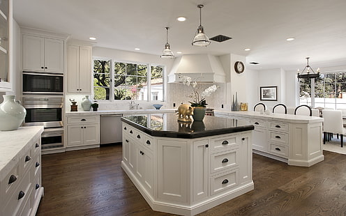 Бели кухненски шкафове, кухненски шкаф, кухненски шкафове, мебели, дизайн на дома, интериорен дизайн, HD тапет HD wallpaper