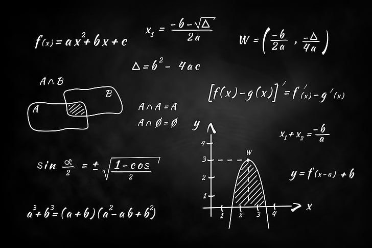 equazioni numeriche bianche su sfondo nero, matematica, numeri, algebra, difficoltà, Sfondo HD