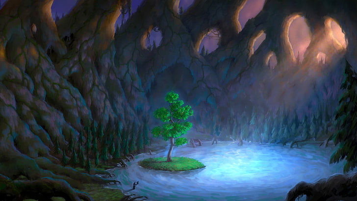 Ilustración de árbol de hojas verdes, arte de fantasía, Fondo de pantalla HD