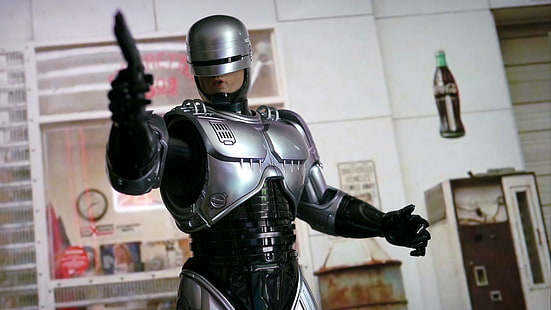 Robocop, gun, weapons, background, robot, armor, cyborg, RoboCop, HD wallpaper HD wallpaper