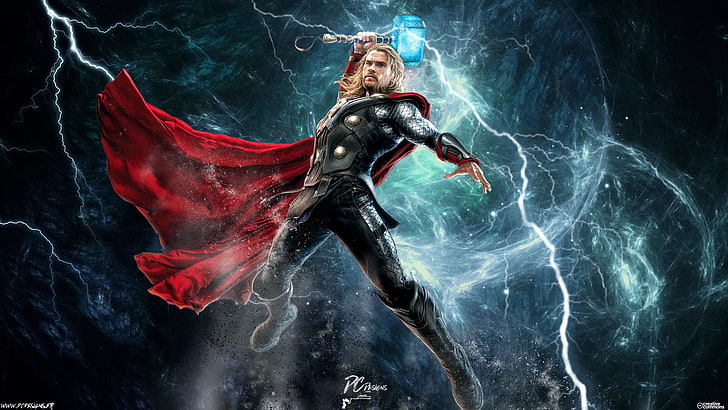 Papel de parede digital Marvel Thor, Thor, Chris Hemsworth, Marvel Comics, histórias em quadrinhos, relâmpago, Mjolnir, HD papel de parede
