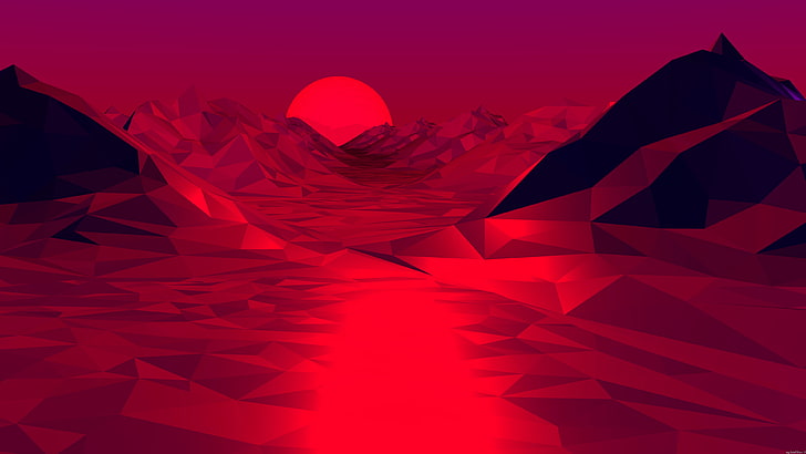 red, abstract, low poly, dark, digital art, shadow, dark background, sunrise, polygon art, HD wallpaper