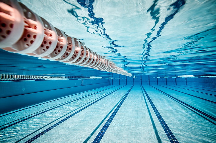 underwater photography of swimming pool, water, underwater, swimming pool, sports, swimming, tiles, lines, reflection, cyan, blue, HD wallpaper