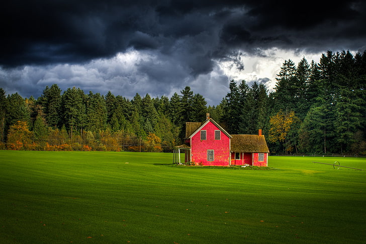 red 2-storey house, field, forest, the sky, red, clouds, house, Canada, farm, British Columbia, Keath Ling Photography, Fort Langley, HD wallpaper