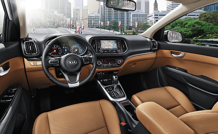 black and brown Kia car interior, panel, interior, the wheel, salon, Kia, crossover, torpedo, KX3, HD wallpaper