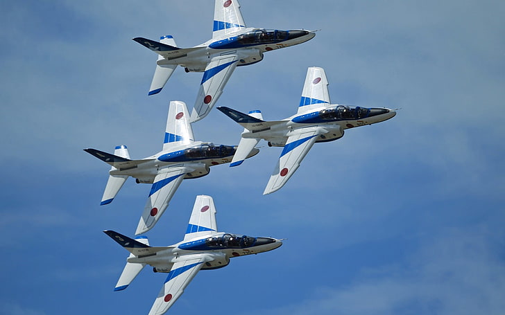 four white-and-blue fighter planes, kawasaki t-4, blue impulse, aerobatic team, airplanes, sky, HD wallpaper