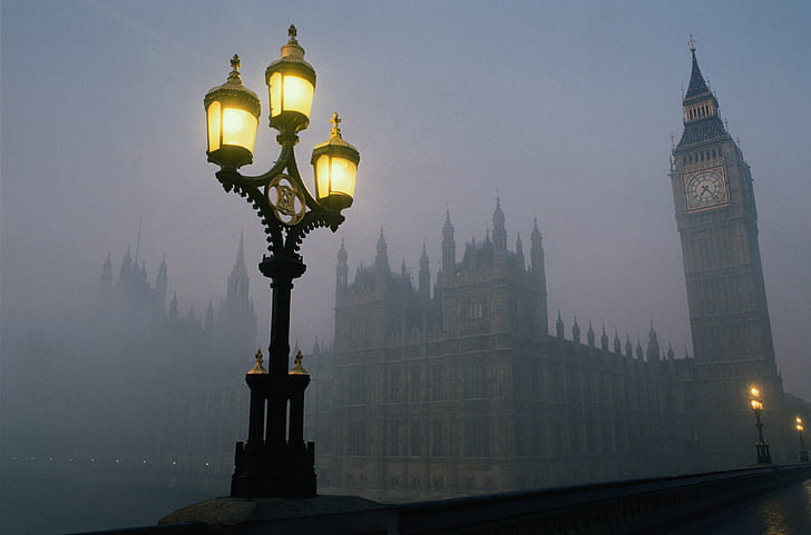 Города, Лондон, Биг Бен, Туман, Ночь, Уличный фонарь, HD обои