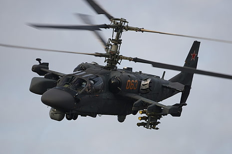 black battle helicopter, flight, helicopter, Russian, Ka-52, shock, 
