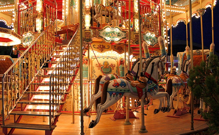 Round and Round, white and multicolored horse carousel, Vintage, Night, Classic, Carousel, carousel horse, HD wallpaper