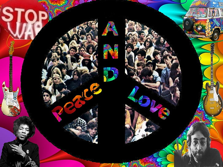 Anos 60, guitarras, hippies, john, lennon, paz, psicodélico, sinal, HD papel de parede
