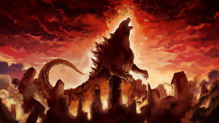 Godzilla, city, artwork, destruction, HD wallpaper