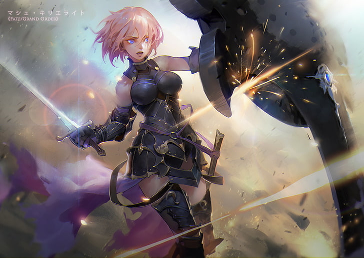 Fate Grand Order female character, armor, Fate/Grand Order, Shielder (Fate/Grand Order), sword, thigh-highs, HD wallpaper