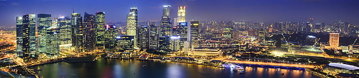 панорамна снимка на град в близост до водно тяло през нощта, Cityscape, през нощта, панорама, снимка, водоем, Марина Бей Сингапур, след залез слънце, архитектура, CBD, централен град, OTW, градски Skyline, нощ, небостъргач, квартал в центъра , известно място, река, градска сцена, бизнес, град, офис сграда, здрач, Азия, кула, сграда Екстериор, осветен, финансов квартал, модерен, панорамен, HD тапет