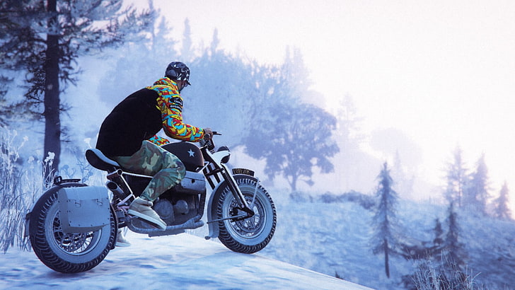 yellow and black motocross dirt bike, Grand Theft Auto V, Grand Theft Auto Online, Rockstar Games, motorcycle, snow, HD wallpaper