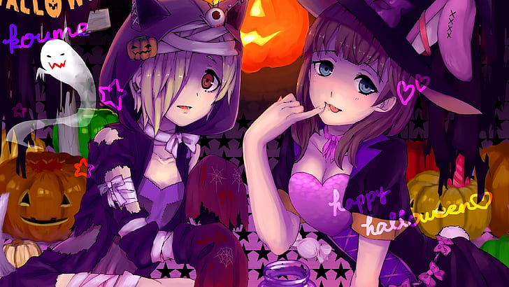 witch, anime girl, anime art, halloween, happy halloween, HD wallpaper