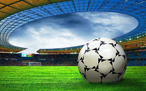 サッカースタジアム、白いサッカーボール、スポーツ、サッカー、緑、草原、スタジアム、 HDデスクトップの壁紙 HD wallpaper