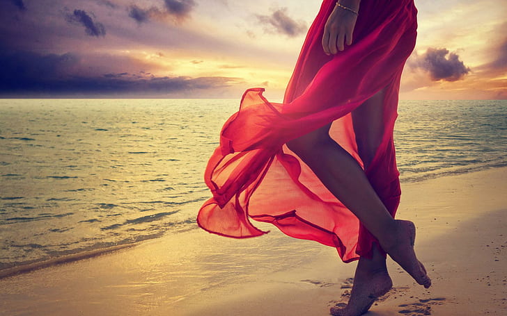 Barefoot walking on the beach, women's pink dress, photography, 1920x1200, ocean, woman, dress, foot, HD wallpaper